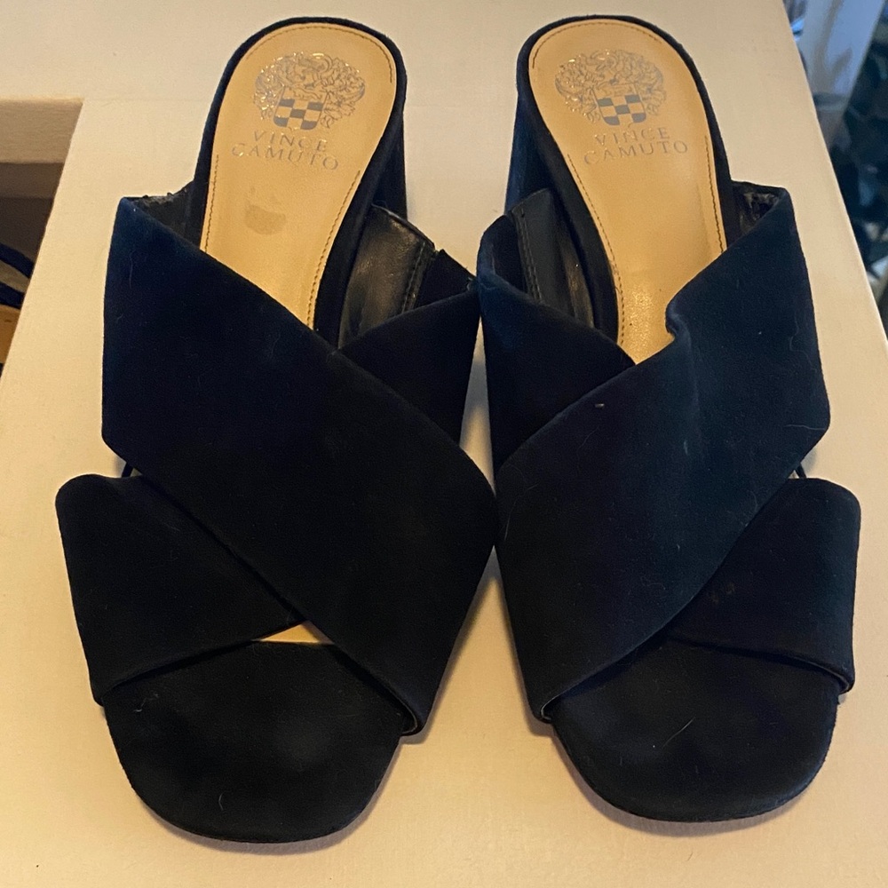 Vince Camuto Black Suede Crisscross Slide Mules